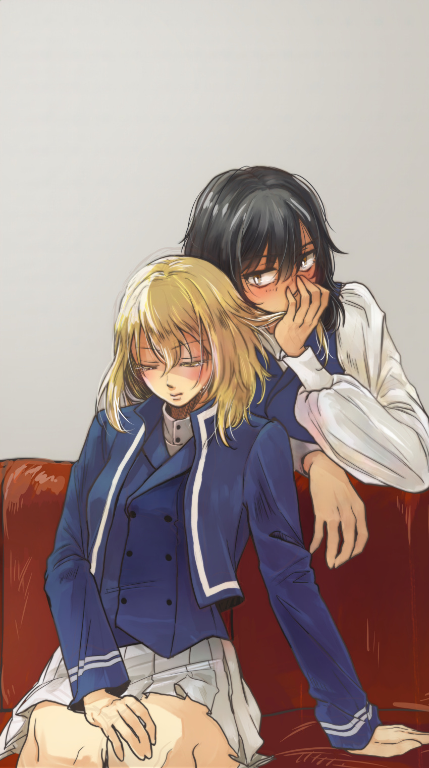 2girls absurdres andou_(girls_und_panzer) black_hair blonde_hair blue_jacket blue_vest blush brown_eyes closed_eyes closed_mouth couch eyebrows_visible_through_hair girls_und_panzer grey_background hand_in_another's_hair highres jacket kani_aruki_(bucket_crawl) long_hair long_sleeves looking_at_another marie_(girls_und_panzer) miniskirt multiple_girls pleated_skirt shirt simple_background sitting skirt sleeping smelling vest white_shirt white_skirt yuri