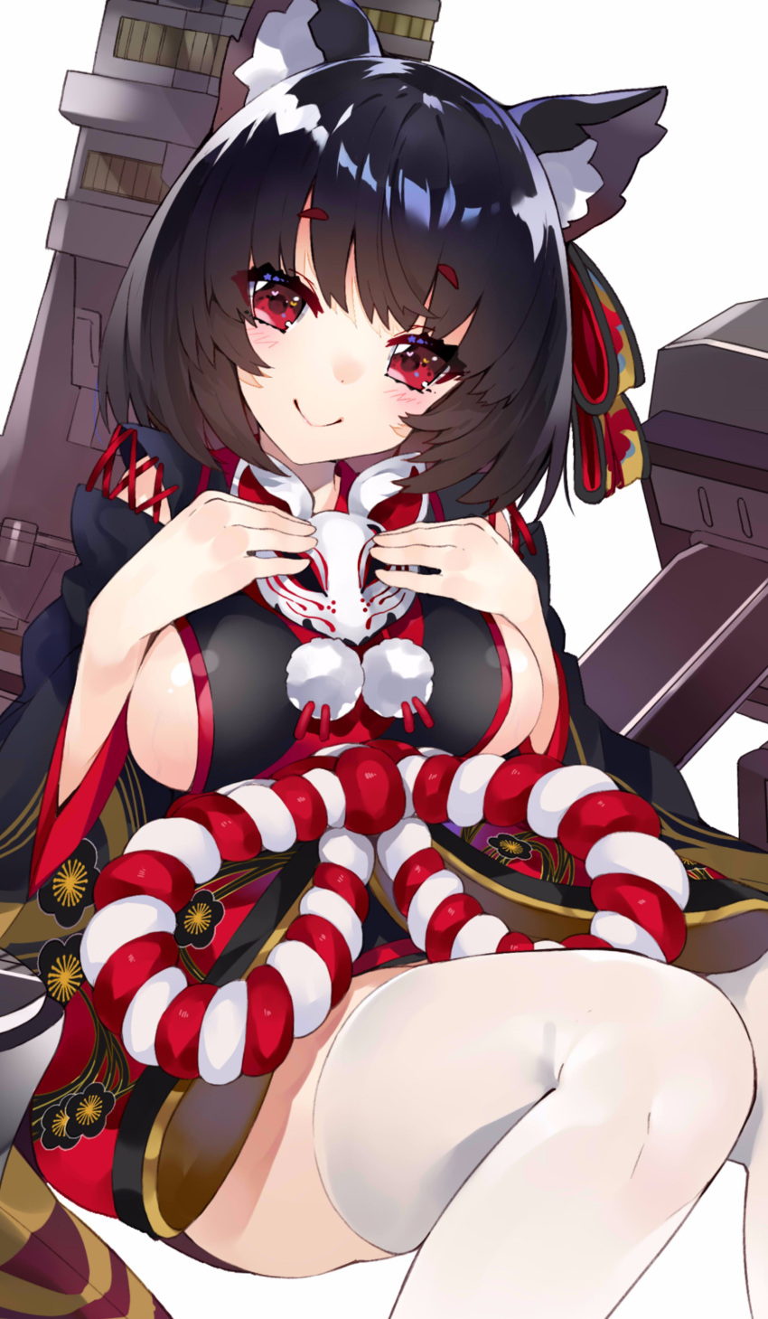 1girl absurdres animal_ears azur_lane bangs black_hair blush breasts cat_ears eyebrows_visible_through_hair hands_on_own_chest highres japanese_clothes kou_mashiro large_breasts looking_at_viewer mask red_eyes rope short_hair sideboob simple_background smile solo thigh-highs white_background white_legwear yamashiro_(azur_lane)
