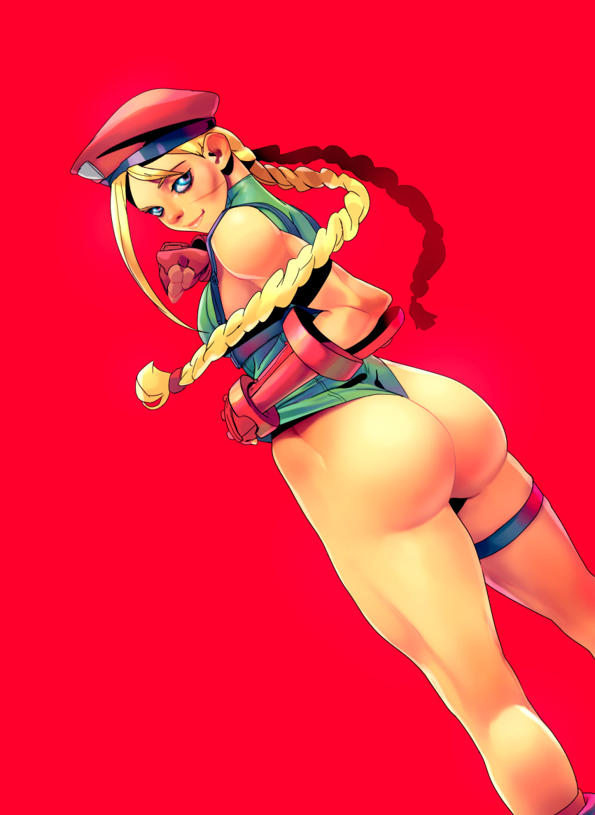 1girl adjusting_clothes ahoge ass beret blue_eyes braid breasts cammy_white clenched_hand commentary dutch_angle fingerless_gloves from_behind gloves green_leotard harness hat highleg highleg_leotard highres huge_ahoge leotard lips long_hair looking_back medium_breasts nose red_background red_gloves ribbed_leotard sanefox scar smile solo street_fighter street_fighter_v thick_thighs thigh_strap thighs toned twin_braids wedgie
