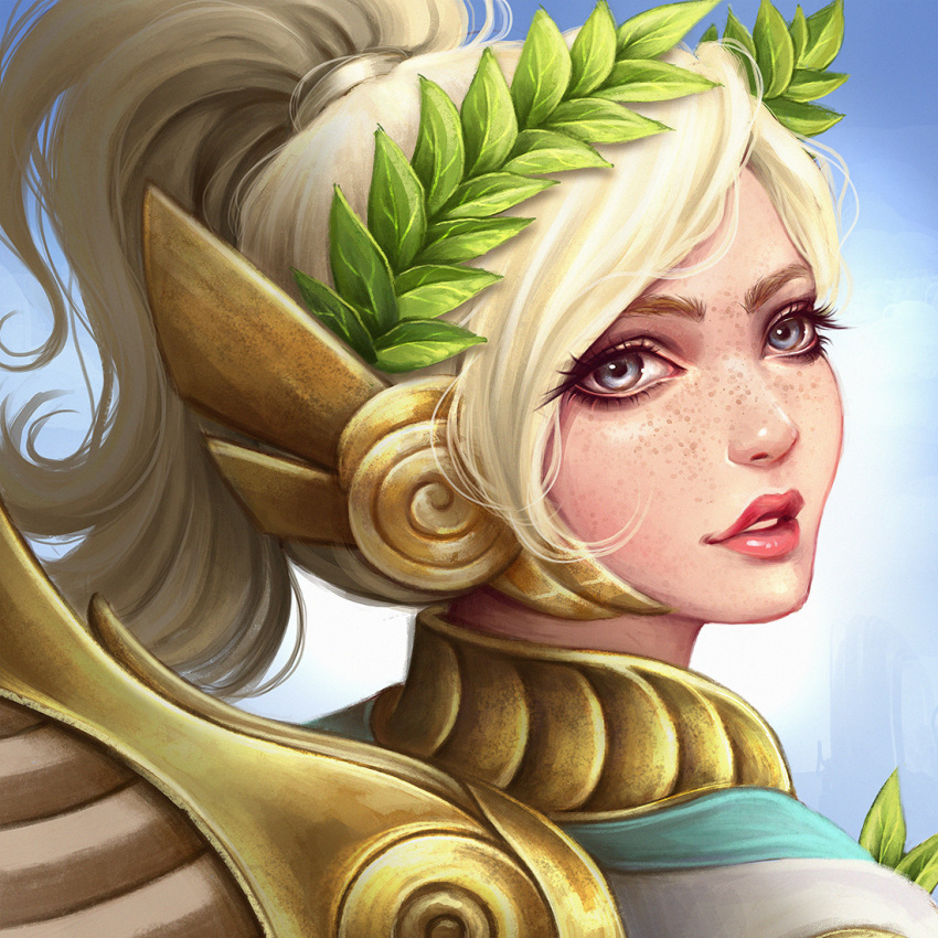 1girl alternate_costume blonde_hair blue_background blue_eyes dress dzydar eyebrows eyelashes freckles from_side gradient gradient_background head_wreath high_ponytail laurel_crown lips looking_at_viewer looking_to_the_side mechanical_wings mercy_(overwatch) nose overwatch parted_lips pink_lips portrait smile solo white_dress winged_victory_mercy wings