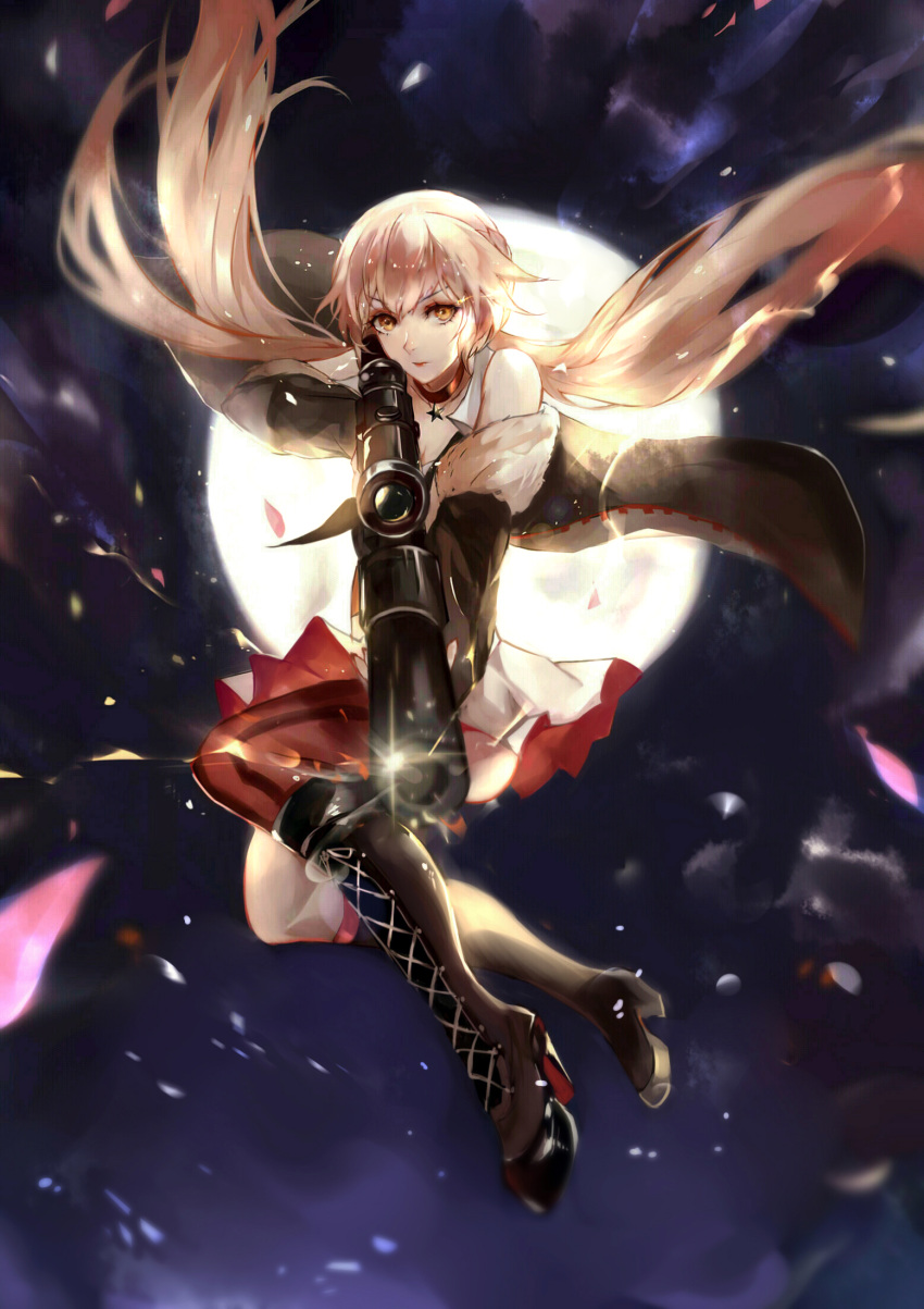 1girl armpit_peek assault_rifle asymmetrical_legwear bangs black_footwear black_gloves blonde_hair boots breasts bullpup chinese choker cleavage closed_mouth clouds cross-laced_footwear eyebrows_visible_through_hair floating floating_hair floral_print full_body full_moon fur-trimmed_jacket fur_trim girls_frontline gloves gun hair_between_eyes half_gloves high-waist_skirt highres holding holding_gun holding_weapon jacket knee_boots lace-up_boots long_hair looking_at_viewer low_twintails moon night night_sky off_shoulder open_clothes open_jacket ots-14 ots-14_(girls_frontline) petals pink_hair rifle scope single_thighhigh skirt sky solo sparkle star_choker striped striped_legwear thigh-highs twintails vardan_(s645062222) very_long_hair weapon wind wind_lift yellow_eyes