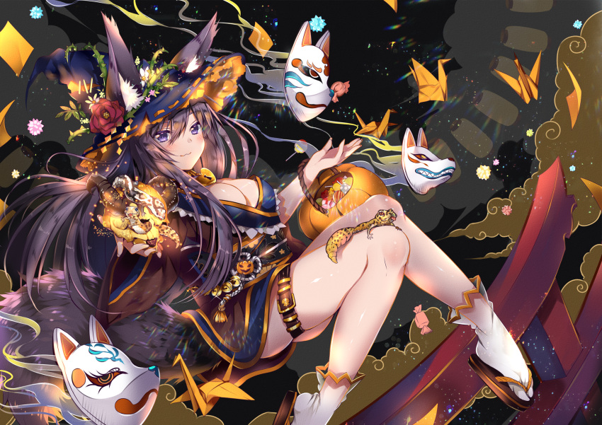 1girl :3 animal_ears bangs blush breasts brown_hair closed_mouth fox_ears fox_mask fox_tail hair_between_eyes halloween hat highres holding japanese_clothes large_breasts lizard long_hair looking_at_viewer mask original sandals shide smile solo tabi tail usagihime violet_eyes white_legwear witch_hat