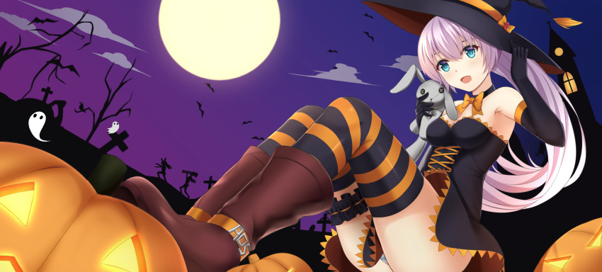 1girl :d adjusting_clothes adjusting_hat black_dress black_gloves blue_eyes boots clouds cloudy_sky commentary_request dress elbow_gloves full_moon ghost gloves halloween hat highres jack-o'-lantern long_hair looking_at_viewer moon night night_sky off-shoulder_dress off_shoulder open_mouth original panties pantyshot pantyshot_(sitting) ponytail pumpkin rko_(a470350510) silver_hair sitting sky smile solo striped striped_legwear striped_panties stuffed_animal stuffed_bunny stuffed_toy thigh-highs underwear witch_hat zettai_ryouiki