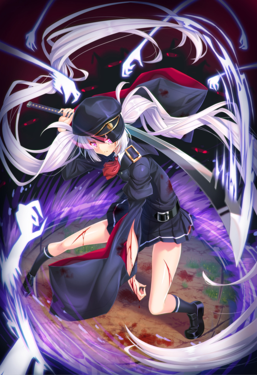 1girl absurdres ascot blood commentary_request cuts fighting_stance glowing glowing_eyes hat highres holding holding_sword holding_weapon injury katana long_hair looking_at_viewer original peaked_cap pleated_skirt skirt solo sword tonchan twintails violet_eyes weapon white_hair wind