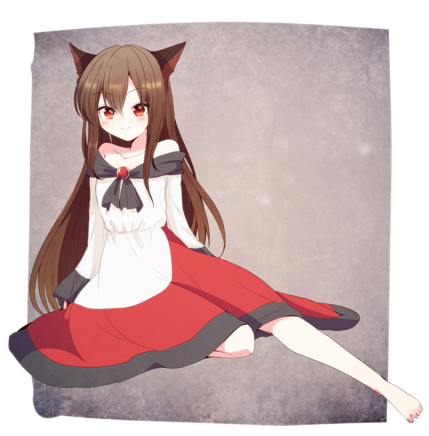 1girl animal_ears aoi_(annbi) barefoot blush brooch brown_hair commentary_request dress feet highres imaizumi_kagerou jewelry long_hair long_sleeves looking_at_viewer red_eyes simple_background smile solo touhou wolf_ears