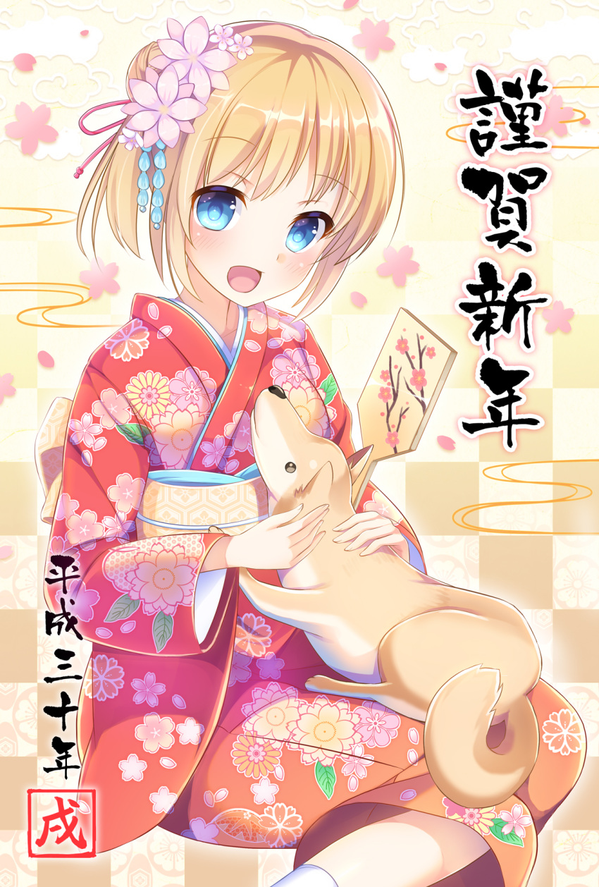 1girl blonde_hair blue_eyes blush dog eyebrows_visible_through_hair flower hair_flower hair_ornament highres japanese_clothes kimono kneehighs looking_at_viewer nengajou new_year open_mouth original short_hair smile solo translated umitonakai white_legwear