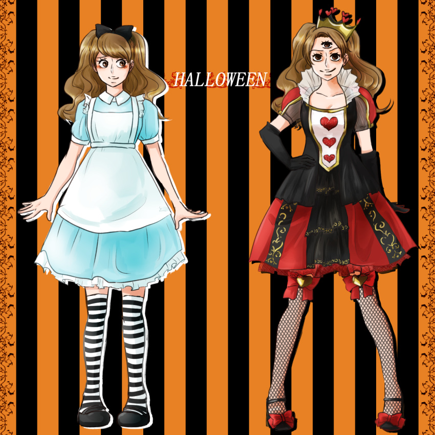 2girls alice_(wonderland) alice_in_wonderland alternate_costume bow brown_eyes brown_hair charlotte_pudding crown dual_persona gloves halloween halloween_costume heart highres long_hair multiple_girls one_piece queen_of_hearts thigh-highs third_eye twintails