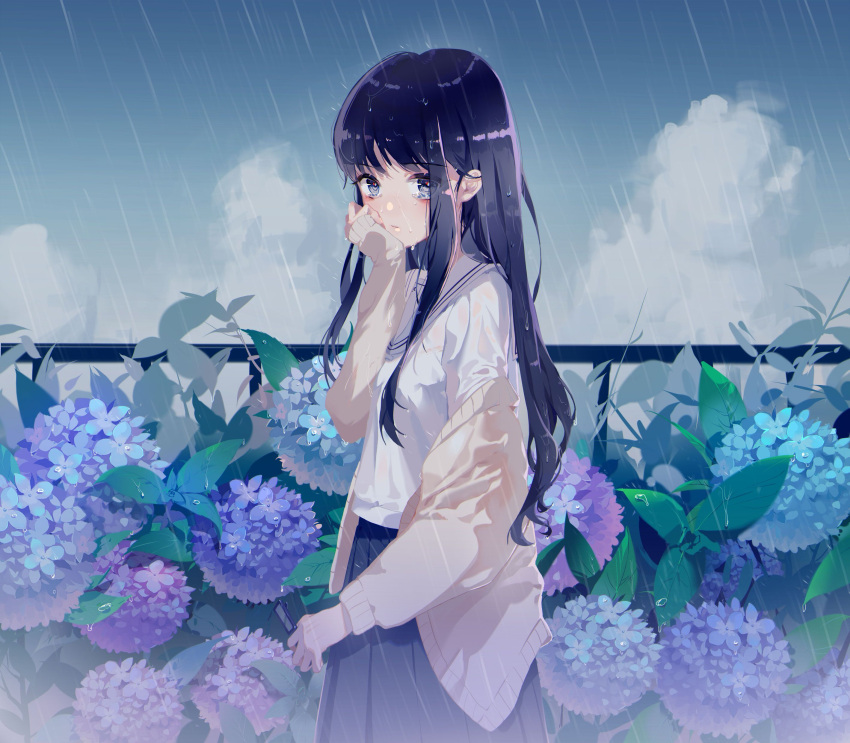 1girl absurdres black_hair black_skirt blue_eyes blush crying crying_with_eyes_open eyebrows_visible_through_hair flower highres hydrangea looking_at_viewer original outdoors parted_lips rain skirt sleeves_past_wrists tears zhibuji_loom
