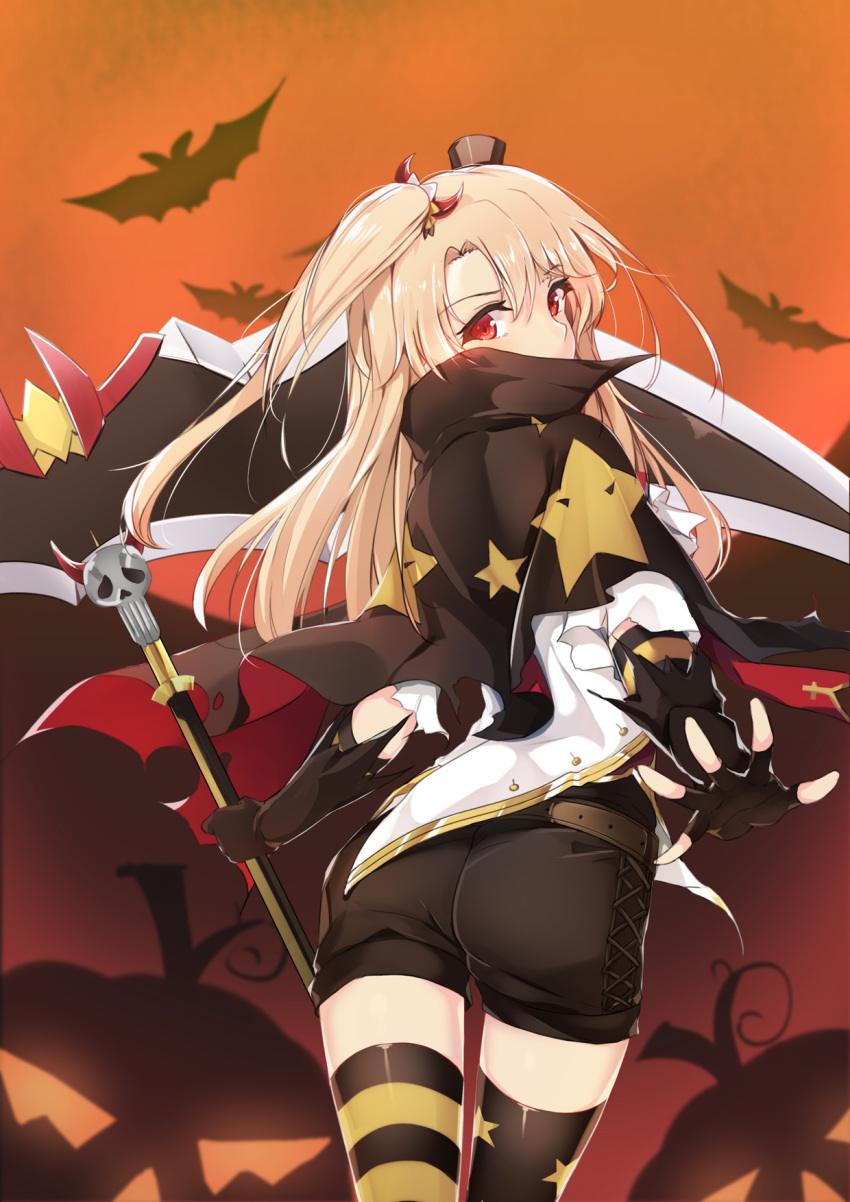 1girl ass azur_lane bat black_gloves blurry capelet cleveland_(azur_lane) commentary_request depth_of_field fingerless_gloves from_behind gloves halloween hentai_kuwa highres holding light_brown_hair long_hair looking_at_viewer looking_back mismatched_legwear one_side_up reaching_out red_eyes scythe shorts solo thigh-highs zettai_ryouiki