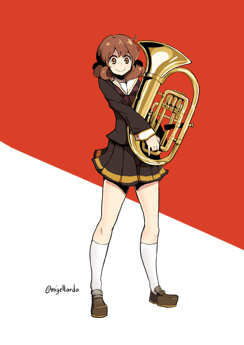 1girl absurdres black_shirt black_skirt brown_eyes brown_footwear brown_hair closed_mouth commentary eyebrows_visible_through_hair full_body hibike!_euphonium highres holding holding_instrument instrument kion-kun legs_apart long_sleeves looking_at_viewer oumae_kumiko pinky_out pleated_skirt red_background school_uniform serafuku shirt shoes short_hair skirt smile socks solo standing trombone twitter_username two-tone_background white_legwear wide-eyed