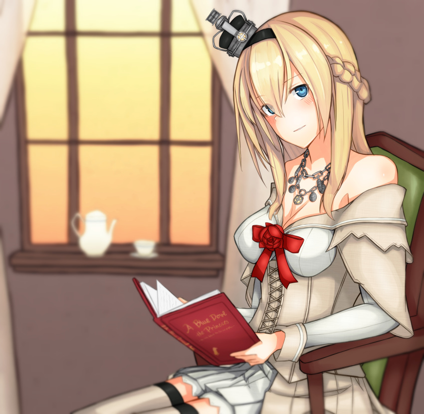 1girl absurdres bare_shoulders black_hairband blonde_hair blue_eyes book braid breasts chair commentary_request corset crown cup dress eyebrows_visible_through_hair flower french_braid hair_between_eyes hairband highres holding holding_book indoors jewelry kantai_collection lace lace-trimmed_dress long_hair long_sleeves medium_breasts mini_crown necklace off-shoulder_dress off_shoulder red_ribbon red_rose ribbon rose sitting solo teacup teapot thigh-highs warspite_(kantai_collection) white_dress white_legwear window yuubokumin