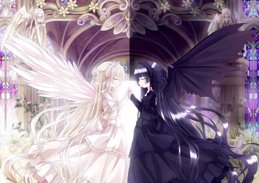 2girls 54hao absurdly_long_hair absurdres angel angel_wings black_dress black_wings blonde_hair church closed_eyes commentary_request demon_girl demon_wings dress face-to-face feathered_wings flower frills gothic_lolita hair_flower hair_ornament hairband hands_together highres indoors ivy lolita_fashion lolita_hairband long_hair long_sleeves multiple_girls original pillar profile stained_glass statue symmetry very_long_hair white_dress white_wings wings