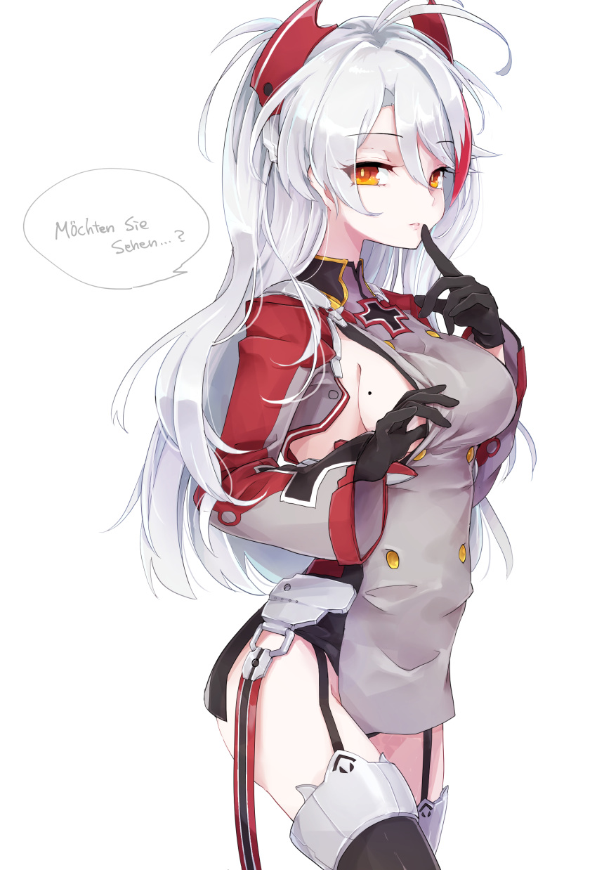 1girl absurdres azur_lane bangs black_gloves black_legwear breasts closed_mouth commentary_request eyebrows_visible_through_hair finger_to_mouth garter_straps gloves hair_between_eyes hand_to_own_mouth hand_under_clothes headgear highres iron_cross large_breasts long_hair long_sleeves looking_at_viewer military military_uniform mole mole_on_breast natori_shichijou orange_eyes prinz_eugen_(azur_lane) sideboob silver_hair simple_background solo translated two_side_up uniform white_background