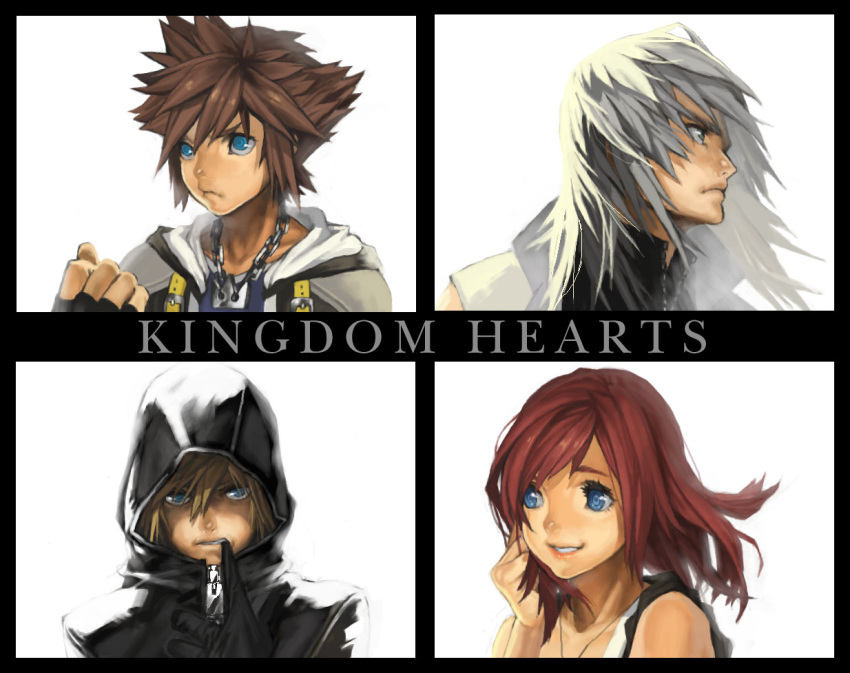 1girl hood hoodie kairi_(kingdom_hearts) kingdom_hearts kingdom_hearts_ii multiple_boys redhead riku roxas short_hair sora_(kingdom_hearts) umadaisuki