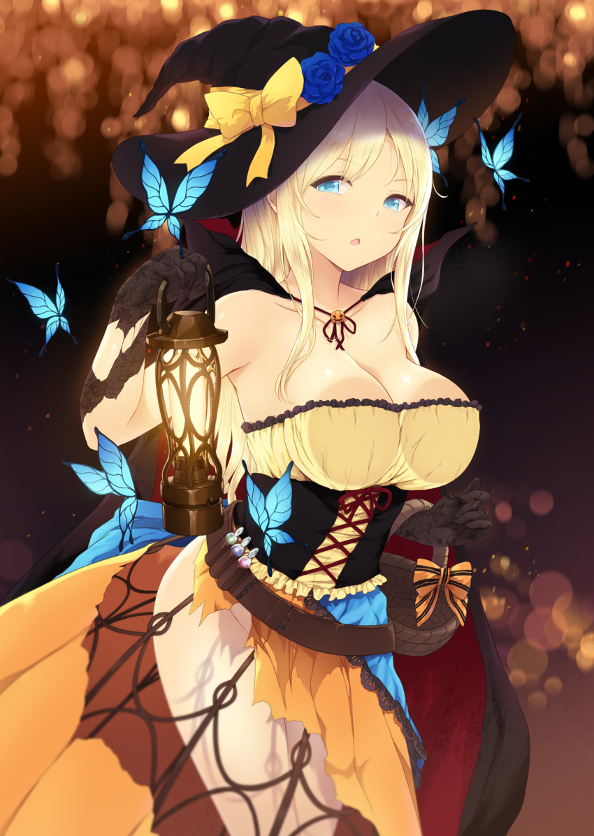1girl :o bare_shoulders basket belt black_gloves black_hat blonde_hair blue_eyes boku_wa_tomodachi_ga_sukunai breasts butterfly_hair_ornament cait candy candy_cane cape cleavage corset food gloves hair_ornament halloween hat highres holding jack-o'-lantern kashiwazaki_sena lantern large_breasts lollipop long_hair looking_at_viewer no_panties orange_skirt skirt solo standing vial witch_hat