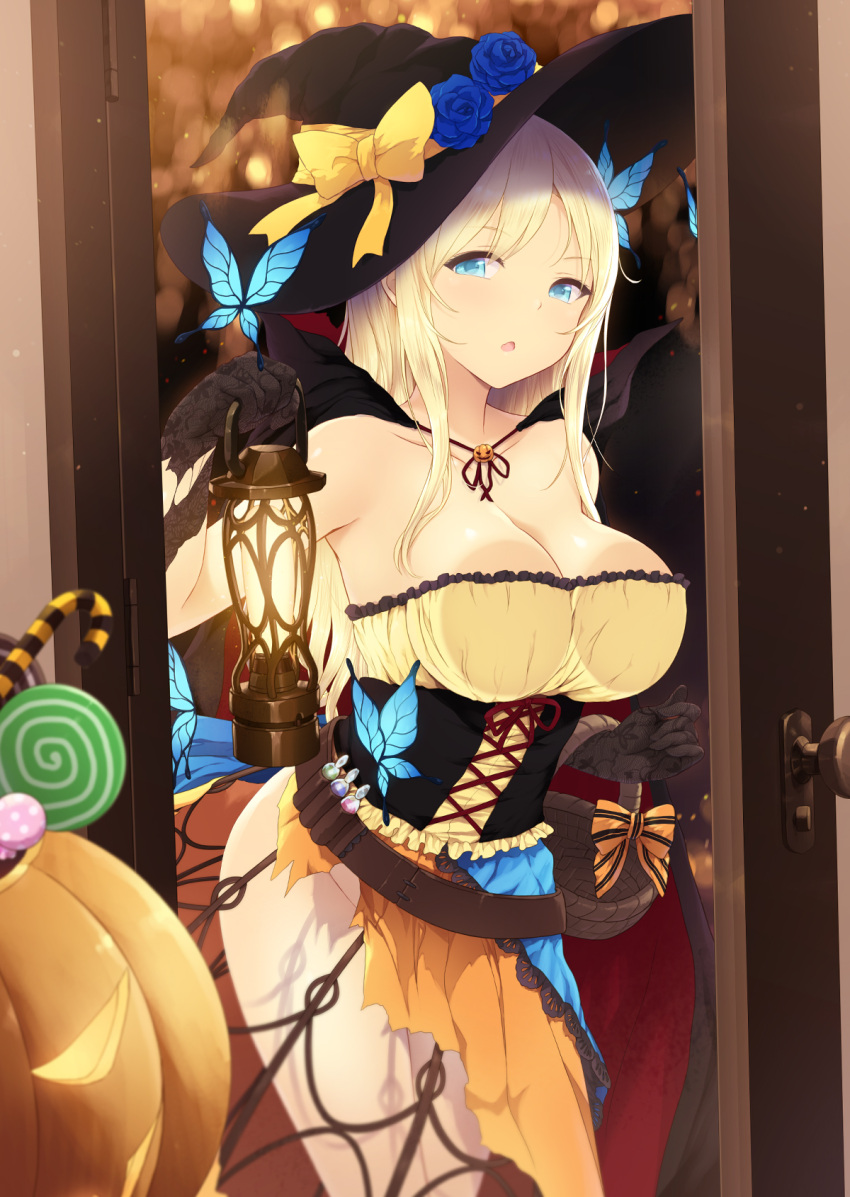 1girl :o against_glass bare_shoulders basket belt black_gloves black_hat blonde_hair blue_eyes boku_wa_tomodachi_ga_sukunai breast_press breasts breasts_on_glass butterfly_hair_ornament cait candy candy_cane cape cleavage corset door food gloves hair_ornament halloween hat highres holding jack-o'-lantern kashiwazaki_sena lantern large_breasts lollipop long_hair looking_at_viewer no_panties orange_skirt skirt solo standing vial witch_hat