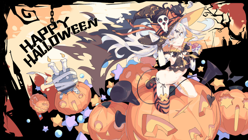 1girl absurdres alternate_costume amatsukaze_(kantai_collection) animal black_cat candle candy cat fang food hair_between_eyes halloween halloween_costume hat highres jack-o'-lantern kantai_collection litsvn long_hair pumpkin rensouhou-kun silver_hair single_thighhigh smile solo striped striped_legwear thigh-highs two_side_up witch_hat yellow_eyes