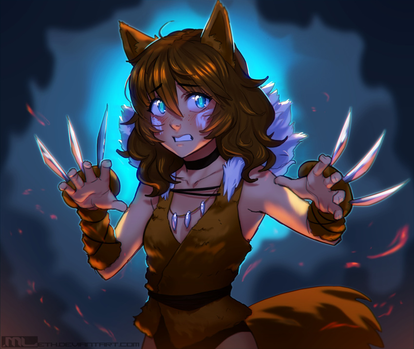 1girl animal_ears blue_eyes blush breasts brooke_(mathias_leth) brown_hair choker claw_(weapon) claw_pose commentary freckles fur_collar halloween halloween_costume highres kemonomimi_mode long_hair mathias_leth original small_breasts solo tail tooth_necklace weapon