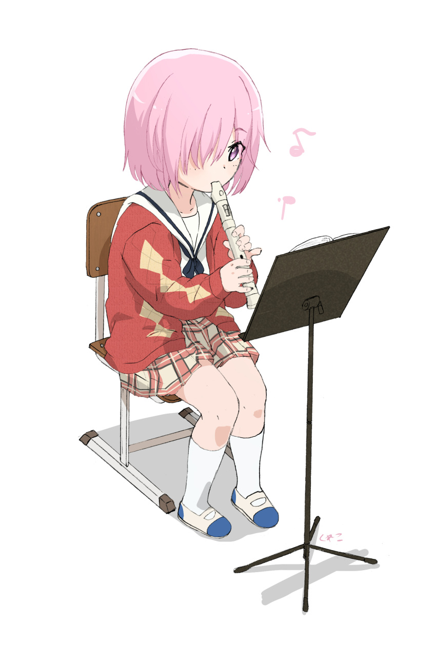 1girl blush chair child commentary_request eyebrows_visible_through_hair fate/grand_order fate_(series) full_body hair_over_one_eye highres holding instrument jacket kneehighs long_sleeves music music_stand musical_note open_clothes open_jacket pink_eyes pink_hair plaid plaid_skirt playing_instrument quaver rantyouka recording red_jacket sailor_collar shielder_(fate/grand_order) shoes short_hair simple_background sitting skirt solo uwabaki white_background white_footwear white_legwear younger