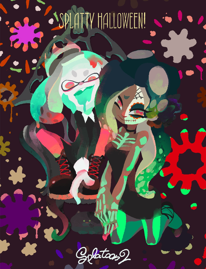 2girls absurdres black_hair bodypaint boots copyright_name cross-laced_footwear crown dark_skin happy_halloween highres inoue_seita kneeling lace-up_boots long_hair marina_(splatoon) multiple_girls octarian official_art pearl_(splatoon) pun short_hair splatoon splatoon_2