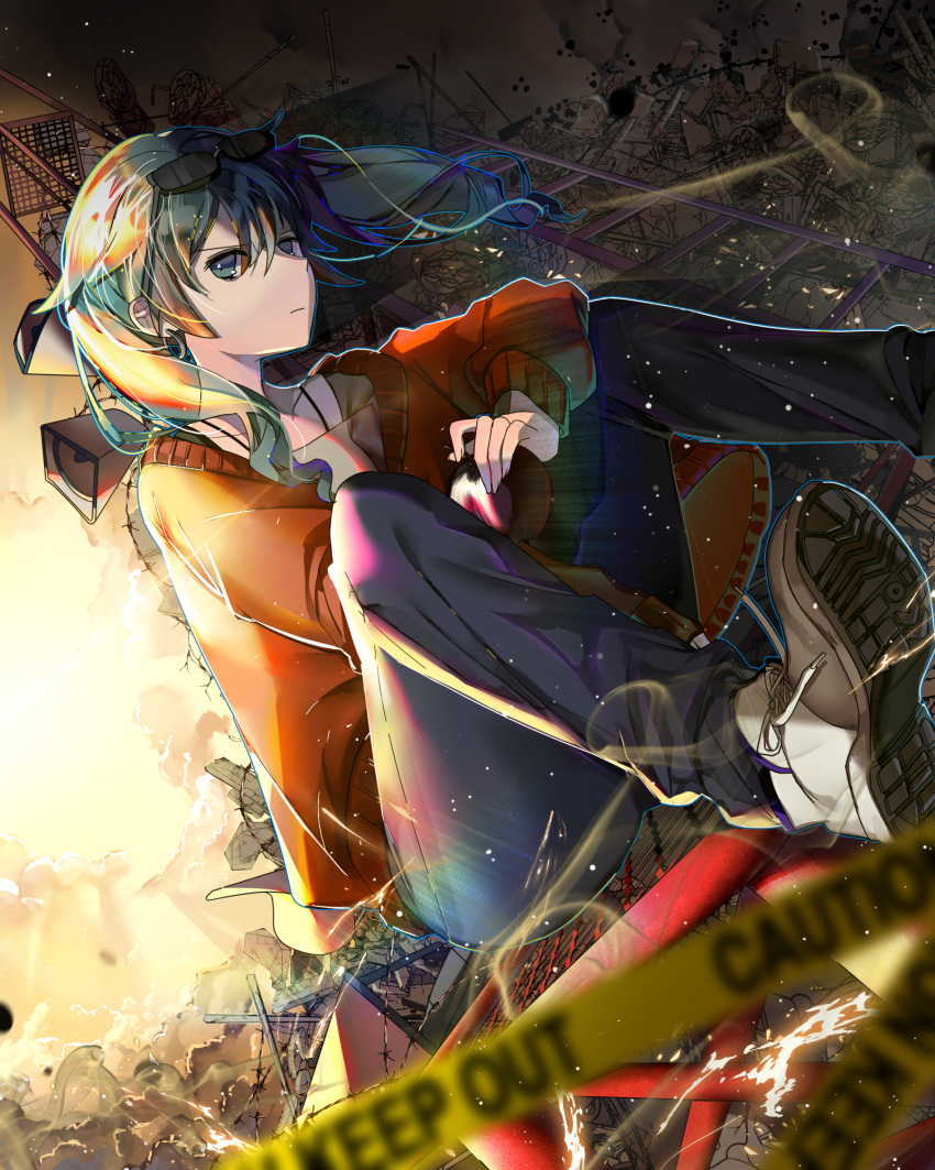 1girl blue_eyes blue_pants eyewear_on_head floating_hair green_hair hair_between_eyes hatsune_miku highres long_hair looking_at_viewer onew pants red_sweater sitting solo suna_no_wakusei_(vocaloid) vocaloid white_footwear