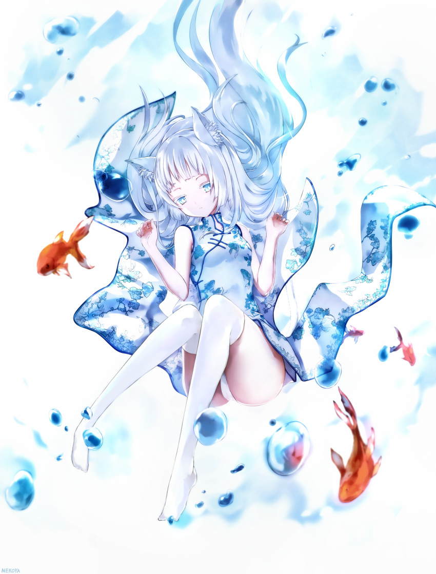 1girl air_bubble animal_ears awp_(girls_frontline) bangs blue_dress blue_hair breasts bubble china_dress chinese_clothes closed_mouth dress dyolf fish floral_print full_body girls_frontline goldfish half-closed_eyes hands_up highres long_hair looking_at_viewer original over-kneehighs panties sidelocks silver_hair small_breasts solo thigh-highs underwater underwear very_long_hair white_legwear white_panties