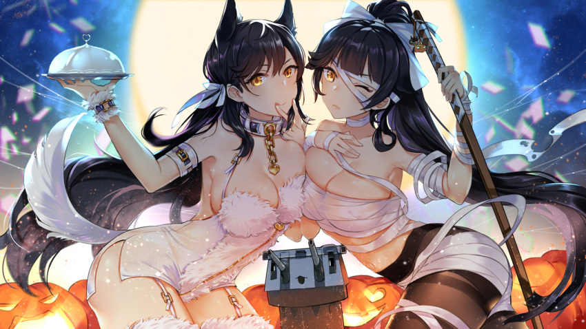 2girls :q ;( adapted_costume animal_ears arm_belt armpits asymmetrical_docking atago_(azur_lane) azur_lane bangs bare_shoulders black_hair black_legwear blunt_bangs blurry blush breast_press breasts buckle budget_sarashi catsizuru chains cleavage closed_mouth collar collarbone cowboy_shot depth_of_field finger_to_mouth full_moon garter_straps gold_chain hair_ribbon hand_on_own_chest heart high_ponytail holding holding_sword holding_weapon jack-o'-lantern large_breasts leaning_forward leotard light_particles long_hair looking_at_viewer mole mole_under_mouth moon multiple_girls navel pantyhose pumpkin ribbon robot sarashi smile strapless strapless_leotard sword tail takao_(azur_lane) thigh-highs thighband_pantyhose tongue tongue_out very_long_hair weapon white_legwear white_leotard white_ribbon wrist_cuffs yellow_eyes zipper