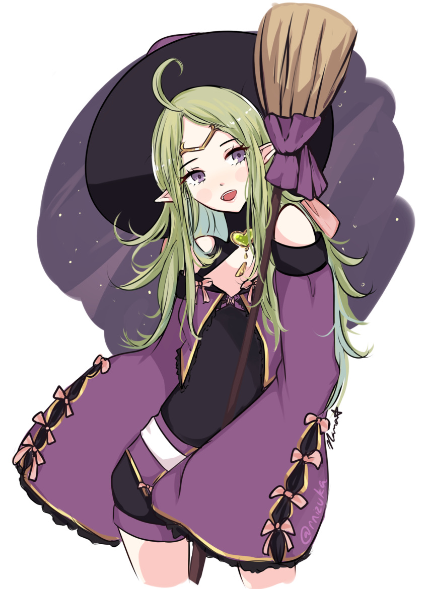 1girl ahoge alternate_costume bare_shoulders blush fire_emblem fire_emblem:_kakusei fire_emblem_heroes green_hair hair_ornament halloween highres long_hair long_sleeves looking_at_viewer mamkute nana_(mizukas) nowi_(fire_emblem) pendant pointy_ears smile solo violet_eyes witch