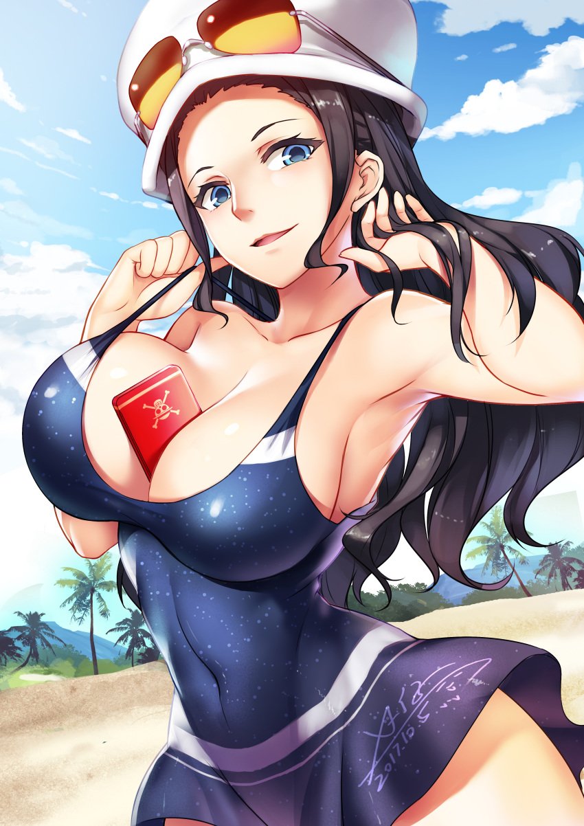 1girl 2017 absurdres armpits arms_up beach between_breasts black_hair blue_eyes breasts cellphone cleavage clouds cloudy_sky collarbone commentary_request covered_navel cowboy_shot dated day dress eyewear_on_headwear graphite_(medium) hand_in_hair hat highres large_breasts long_hair looking_at_viewer nico_robin one_piece outdoors palms parted_lips phone signature sky smartphone spaghetti_strap standing strap_pull swimsuit traditional_media upper_body x-boy