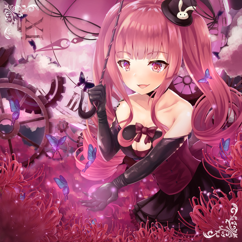 1girl bare_shoulders bemani black_gloves black_hat blush breasts butterfly cleavage cleavage_cutout collarbone elbow_gloves eyebrows_visible_through_hair flower gloves hamalu hat highres holding holding_umbrella large_breasts long_hair looking_away original parted_lips pink_eyes pink_hair smile spider_lily top_hat twintails umbrella
