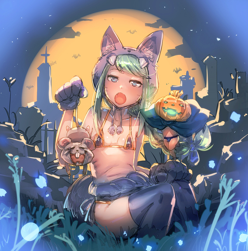 1girl animal_ears bat bikini black_gloves black_legwear blue_eyes bow_(bhp) breasts bulge cape church collarbone fang full_moon gloves grass green_hair jack-o'-lantern looking_at_viewer micro_bikini moon open_mouth original outdoors rat sitting small_breasts swimsuit tail teeth thigh-highs whisker_markings