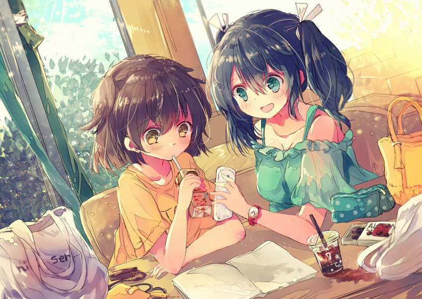 2girls bag black_hair blush brown_hair cafe cosmetics dress drink food green_eyes hair_between_eyes hair_ornament hiryuu_(kantai_collection) ice_cream kantai_collection multiple_girls nanahamu open_mouth orange_eyes phone ponytail remodel_(kantai_collection) short_hair souryuu_(kantai_collection) table tree