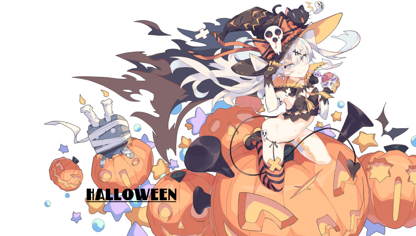 1girl absurdres alternate_costume amatsukaze_(kantai_collection) animal black_cat candle candy cat fang food hair_between_eyes halloween halloween_costume hat highres jack-o'-lantern kantai_collection litsvn long_hair pumpkin rensouhou-kun silver_hair single_thighhigh smile solo striped striped_legwear thigh-highs two_side_up white_background witch_hat yellow_eyes