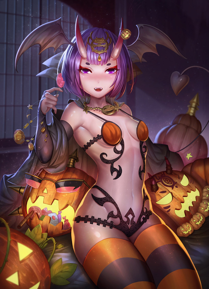 1girl alternate_costume black_cape black_gloves blush bob_cut breasts candy cape dark_duck demon_tail eyebrows fangs fate/grand_order fate_(series) fingerless_gloves food gloves halloween head_wings highres horns jack-o'-lantern jewelry looking_at_viewer navel necklace oni oni_horns open_mouth pumpkin purple_hair shuten_douji_(fate/grand_order) sitting small_breasts smile striped striped_legwear sunglasses tail thigh-highs violet_eyes