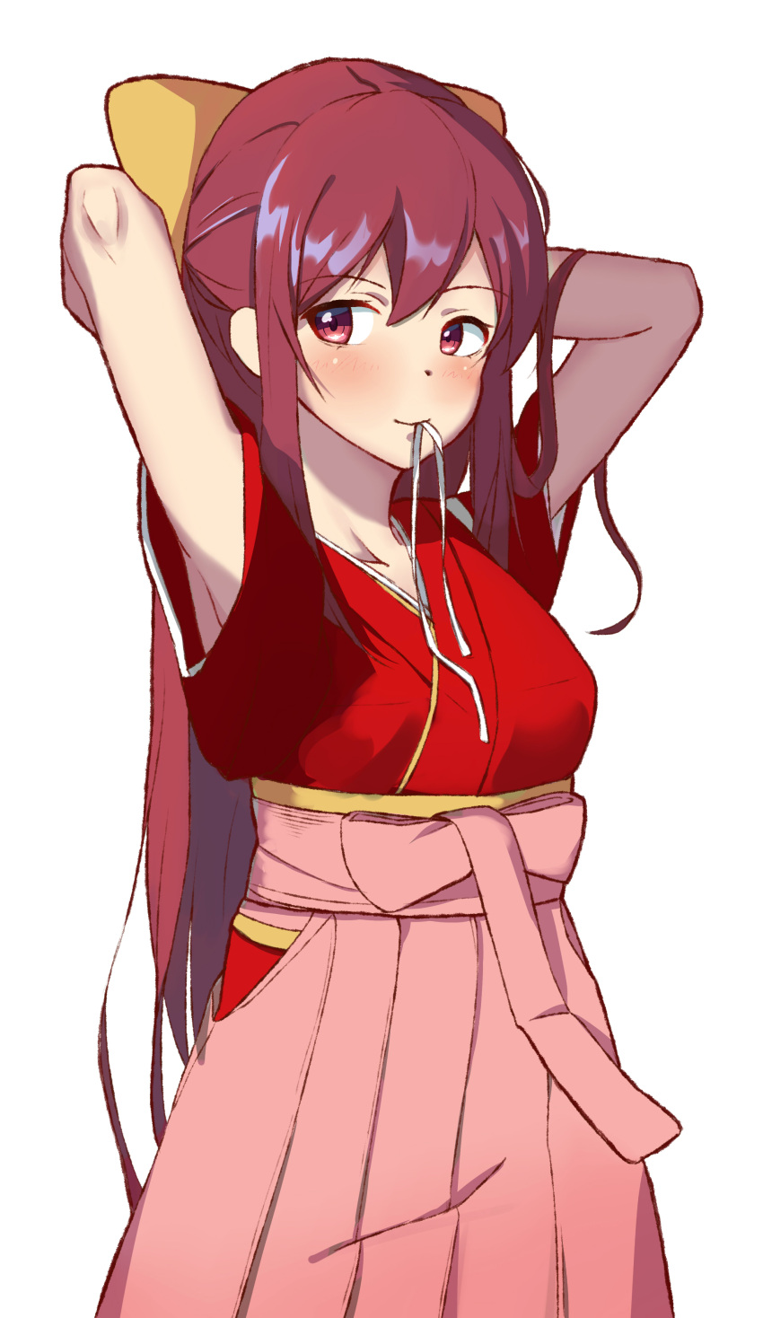 1girl absurdres armpits arms_behind_head arms_up bow brown_hair cowboy_shot dymao hair_bow hair_tie hakama highres japanese_clothes kamikaze_(kantai_collection) kantai_collection kimono long_hair mouth_hold pink_hakama red_eyes red_kimono simple_background solo tasuki white_background yellow_bow