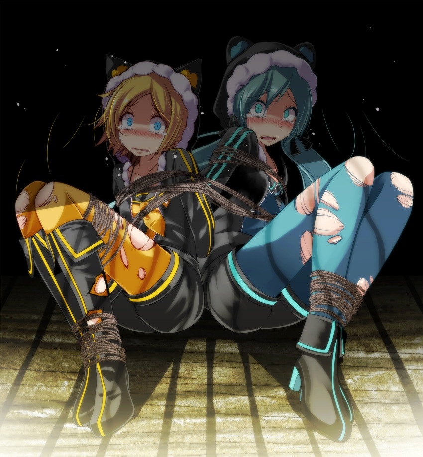 2girls absurdres animal_hood aqua_eyes aqua_hair arms_behind_back bdsm black_hoodie blonde_hair blue_eyes boots bound bound_ankles bound_thighs bound_together bound_torso bound_wrists breasts constricted_pupils crying crying_with_eyes_open high_heels highres hood hoodie kagamine_len kagamine_rin kunoichi_demo_koi_ga_shitai_(vocaloid) long_hair multiple_girls pantyhose project_diva_(series) scared short_hair small_breasts tearing_up tears tied_up torn_clothes torn_pantyhose tsukishiro_saika twintails very_long_hair vocaloid