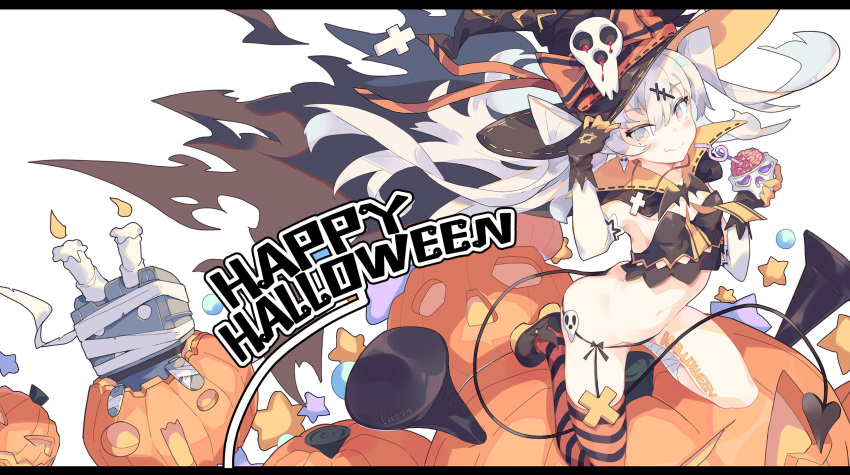 1girl alternate_costume amatsukaze_(kantai_collection) animal black_border black_cat border candle candy cat fang food hair_between_eyes halloween halloween_costume hat highres jack-o'-lantern kantai_collection litsvn long_hair pumpkin rensouhou-kun silver_hair single_thighhigh smile solo striped striped_legwear thigh-highs two_side_up white_background witch_hat yellow_eyes