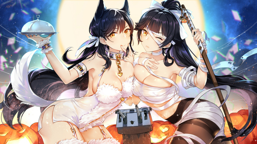 2girls :q ;( adapted_costume animal_ears arm_belt armpits asymmetrical_docking atago_(azur_lane) azur_lane bangs bare_shoulders black_hair black_legwear blunt_bangs blurry blush breast_press breasts buckle budget_sarashi catsizuru chains cleavage closed_mouth collar collarbone cowboy_shot depth_of_field finger_to_mouth full_moon garter_straps gold_chain hair_ribbon hand_on_own_chest heart high_ponytail holding holding_sword holding_weapon jack-o'-lantern large_breasts leaning_forward leotard light_particles long_hair looking_at_viewer mole mole_under_mouth moon multiple_girls navel pantyhose pumpkin ribbon robot sarashi smile strapless strapless_leotard sword tail takao_(azur_lane) thigh-highs thighband_pantyhose tongue tongue_out very_long_hair weapon white_legwear white_leotard white_ribbon wrist_cuffs yellow_eyes zipper