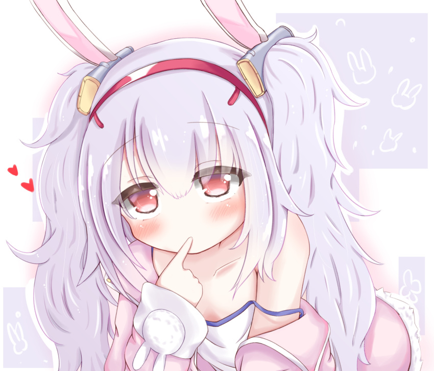 1girl all_fours animal_ears animal_print azur_lane bunny_print collarbone commentary_request fake_animal_ears finger_to_mouth hairband highres laffey_(azur_lane) long_hair looking_at_viewer red_eyes ridy_(ri_sui) silver_hair solo twintails