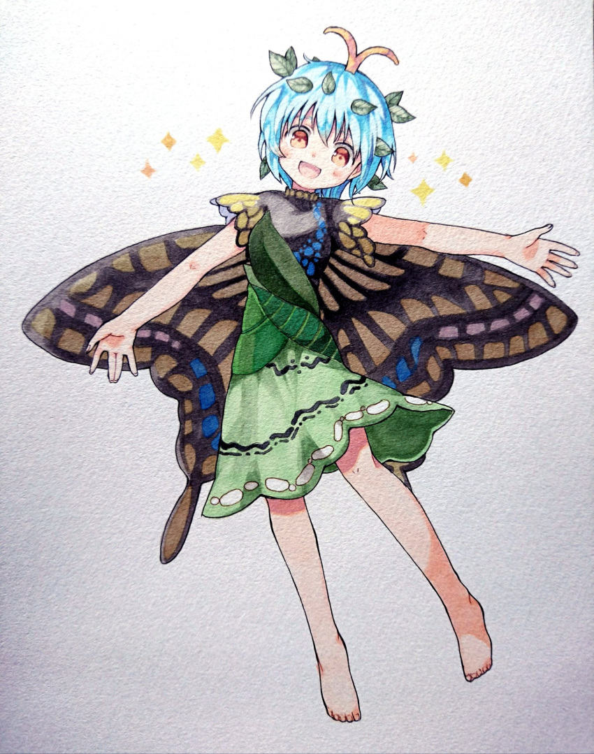 1girl :d animal_print barefoot black_shirt blue_hair butterfly_print butterfly_wings eternity_larva full_body green_skirt highres leaf looking_at_viewer open_mouth orange_eyes outstretched_arms sasa_kichi shirt short_hair short_sleeves skirt smile solo sparkle spread_arms touhou traditional_media wings