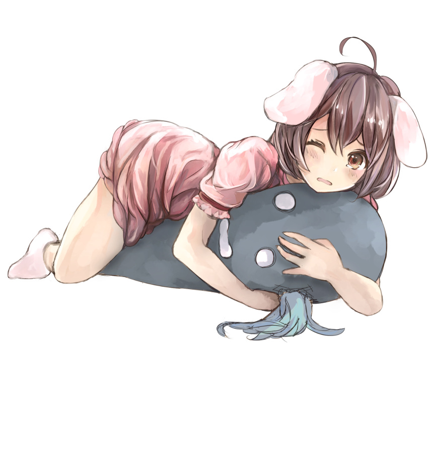 1girl ahoge animal_ears bare_arms bare_legs brown_eyes brown_hair commentary_request dress full_body highres inaba_tewi looking_at_viewer lying on_stomach one_eye_closed pink_dress puffy_short_sleeves puffy_sleeves rabbit_ears shimada_sara short_dress short_hair short_sleeves simple_background socks solo tears touhou white_background white_legwear