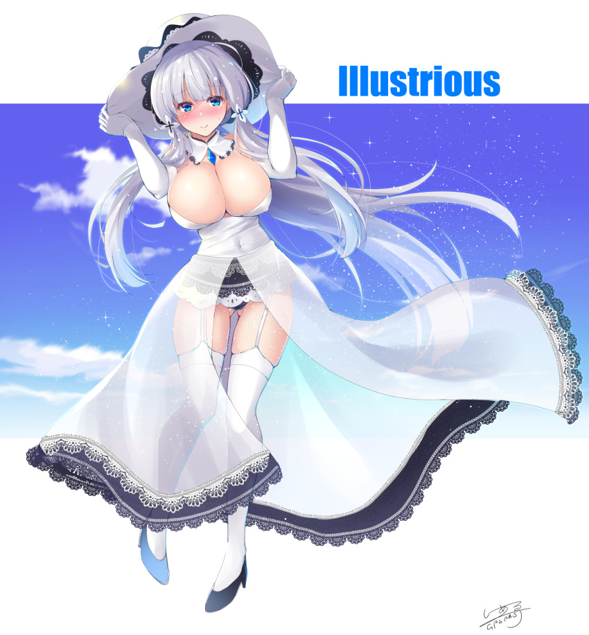 1girl azur_lane blue_eyes blush breasts c.r. character_name cleavage commentary_request dress elbow_gloves gloves gluteal_fold hair_ornament hands_on_headwear hat highres illustrious_(azur_lane) large_breasts long_hair looking_at_viewer low_twintails mole mole_under_eye panties revision smile solo thigh-highs twintails underwear very_long_hair white_dress white_gloves white_hair white_legwear