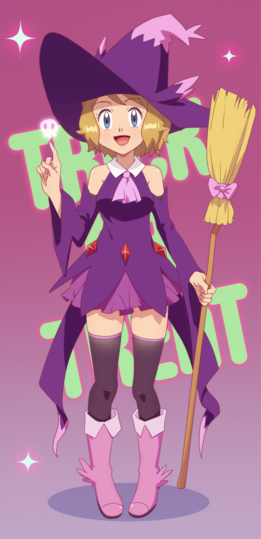 1girl :d absurdres bare_shoulders black_legwear blonde_hair blush boots bow breasts cosplay full_body gazing_eye gradient gradient_background halloween_costume hat highres holding_bow index_finger_raised knee_boots legs_apart long_sleeves looking_at_viewer medium_breasts miniskirt mismagius mismagius_(cosplay) open_mouth pink_background pink_bow pink_footwear pink_skirt pokemon pokemon_(anime) pokemon_xy_(anime) purple_hat serena_(pokemon) short_hair shoulder_cutout skirt skull smile solo sparkle standing tareme thigh-highs thighhighs_under_boots trick_or_treat wide_sleeves witch witch_hat zettai_ryouiki