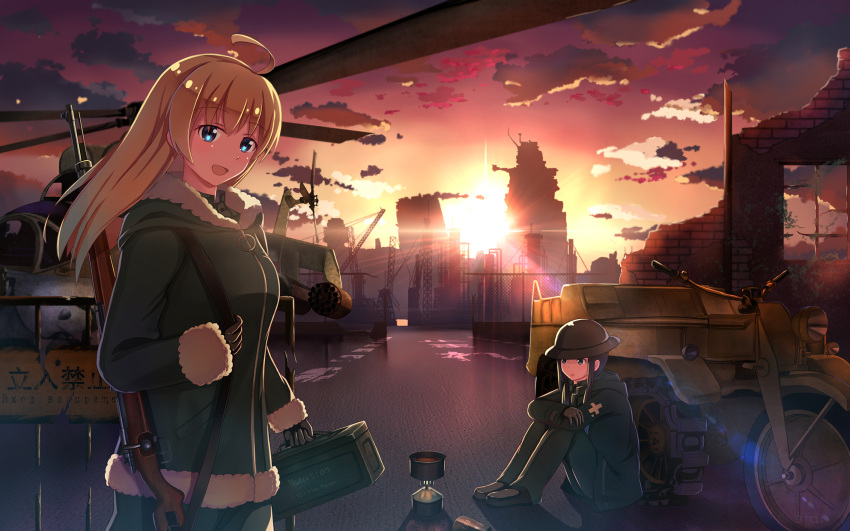 1girl aircraft blonde_hair blue_eyes chito_(shoujo_shuumatsu_ryokou) evening gun helicopter helmet highres kettenkrad rifle scenery shoujo_shuumatsu_ryokou sion005 twilight weapon yuuri_(shoujo_shuumatsu_ryokou)