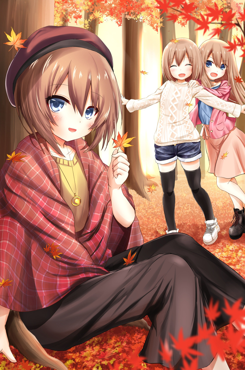 3girls :d absurdres autumn_leaves black_legwear black_skirt blanc blue_eyes blush brown_hair checkered_clothing closed_eyes ex_idol forest hat highres holding long_hair looking_at_viewer multiple_girls nature neptune_(series) open_mouth orange_skirt ram_(choujigen_game_neptune) rom_(choujigen_game_neptune) short_hair siblings sisters skirt smile sweater thigh-highs twins