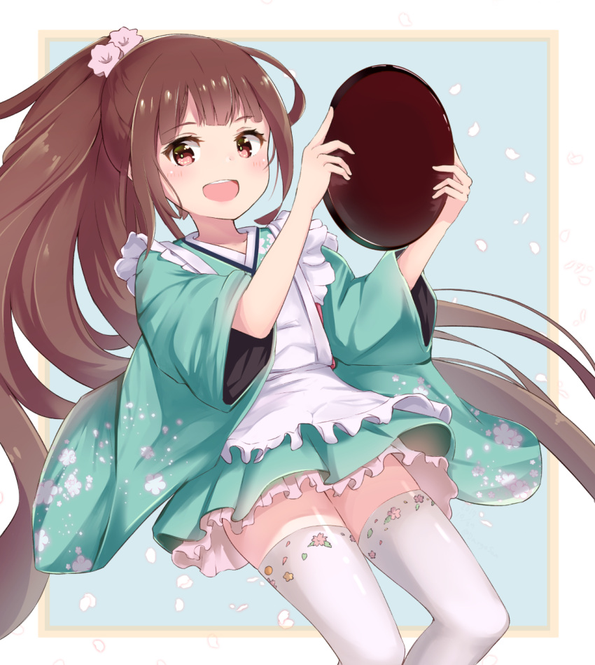 1girl :d apron bangs blunt_bangs brown_eyes brown_hair cowboy_shot dargo flower hair_flower hair_ornament highres holding holding_tray japanese_clothes kimono long_hair looking_at_viewer maid_apron open_mouth oshiro_project oshiro_project_re ponytail sidelocks smile solo thigh-highs tray very_long_hair wa_maid white_legwear yoita_(oshiro_project)