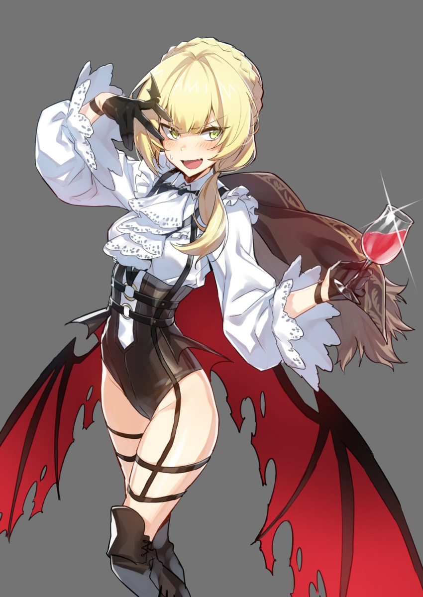 1girl alcohol alternate_costume alternate_hairstyle black_gloves blonde_hair boots braid cape cravat cup demon_wings drinking_glass eyebrows_visible_through_hair fang frilled_sleeves frills garter_straps girls_frontline gloves green_eyes grey_background halloween_costume hand_over_eye highres holding_glass knee_boots leotard long_hair long_sleeves looking_at_viewer low_ponytail o-ring simple_background solo supernew sweat thigh_strap underbust welrod_mk2_(girls_frontline) wine wine_glass wings wristband