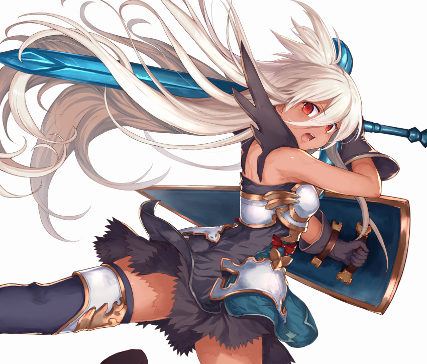 1girl abusoru bare_arms black_dress black_gloves dark_skin dress floating_hair gloves granblue_fantasy hair_between_eyes holding holding_shield holding_sword holding_weapon long_hair looking_at_viewer open_mouth red_eyes shield short_dress simple_background solo sword the_order_grande thigh-highs very_long_hair weapon white_background white_hair