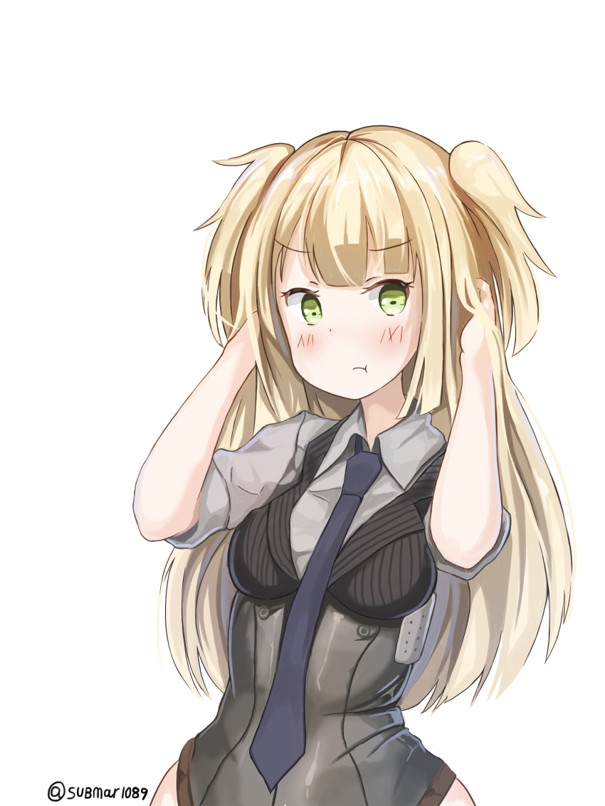1girl absurdres alternate_hair_length alternate_hairstyle black_neckwear blonde_hair blush breasts closed_mouth eyebrows_visible_through_hair girls_frontline green_eyes highres large_breasts long_hair looking_at_viewer pouty_lips sketch sobmarine solo twitter_username upper_body welrod_mk2_(girls_frontline)