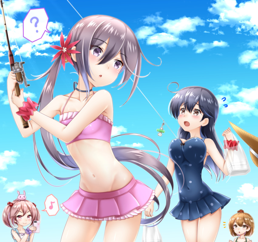 &gt;:) 4girls ? ahoge akebono_(kantai_collection) armpits bag baretto_(firearms_1) bell black_hair blue_sky breasts brown_eyes brown_hair carrying cellphone choker cleavage clouds cloudy_sky collarbone commentary_request crab fishing_hook fishing_rod flower flying_sweatdrops grey_eyes hair_bobbles hair_flower hair_ornament hat hat_removed headwear_removed holding kantai_collection long_hair multiple_girls musical_note oboro_(kantai_collection) phone pink_eyes pink_hair plastic_bag pleated_skirt polka_dot polka_dot_swimsuit rabbit sazanami_(kantai_collection) short_hair side_ponytail silver_hair skirt sky small_breasts smartphone spoken_musical_note spoken_question_mark straw_hat swimsuit twintails ushio_(kantai_collection)